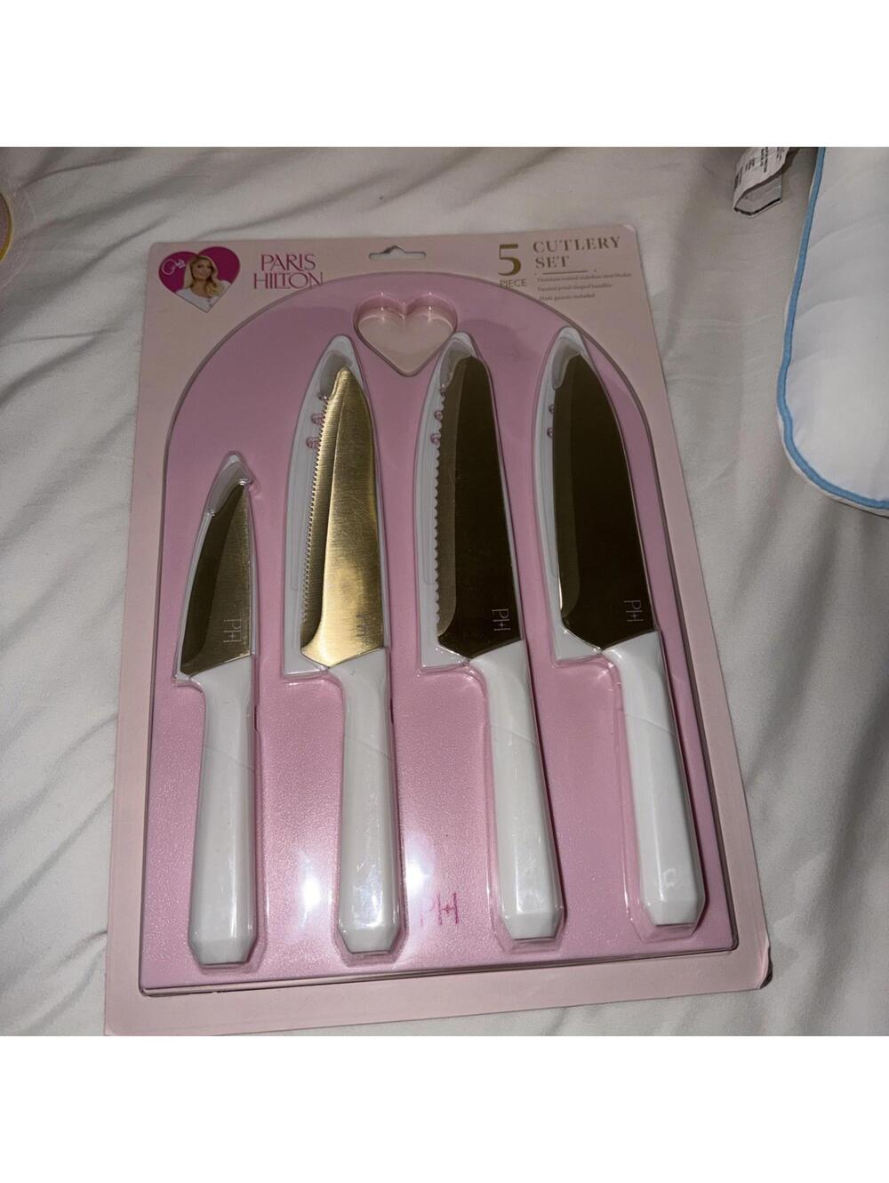 Paris Hilton 5 Piece Knife Set White Gold Stainless Steel Dishwasher Safe